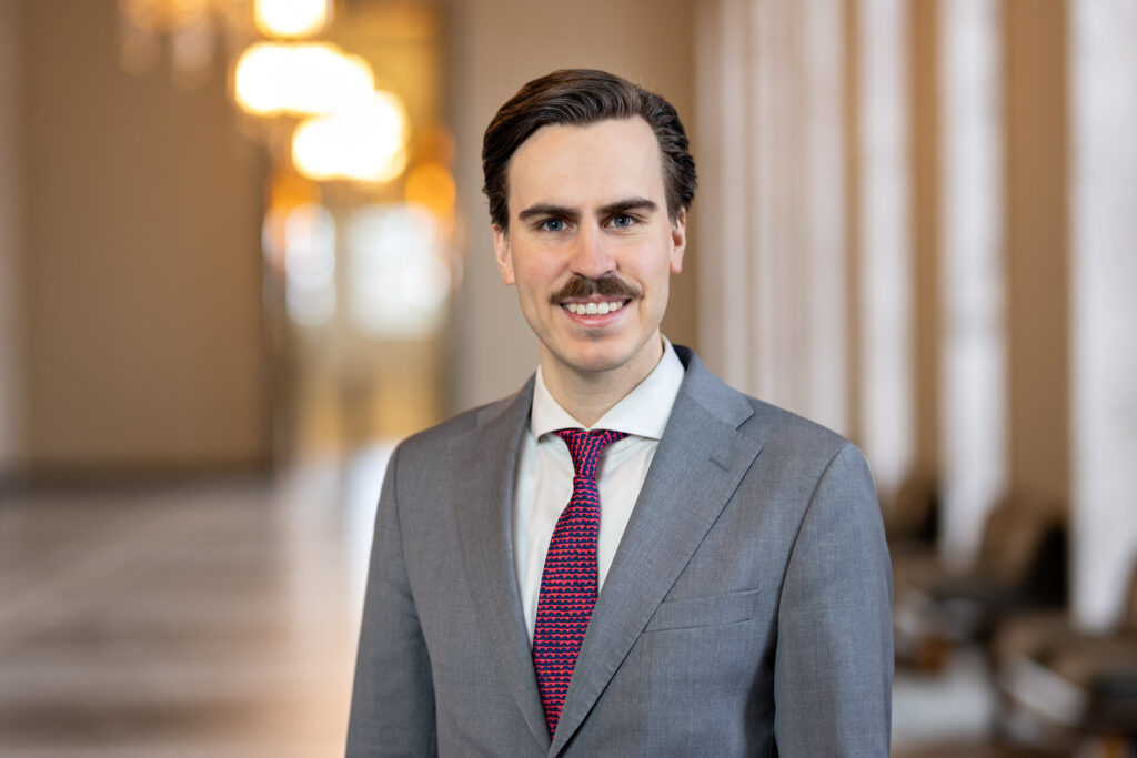 Kansanedustaja Matias Mäkynen valtiosalissa.